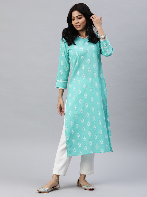 

AHIKA Women Blue & White Floral Printed Straight Kurta