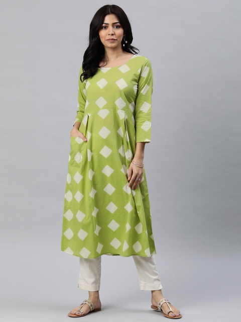 

AHIKA Women Green & White Printed A-Line Kurta