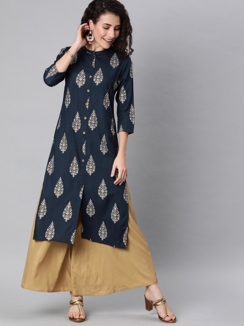 

AHIKA Women Navy Blue & Gold-Coloured Printed Straight Kurta