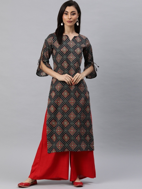 

AHIKA Women Black & Brown Bandhani Printed Straight Kurta