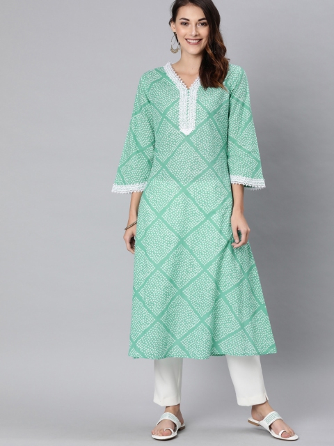 

AHIKA Women Sea Green Printed A-Line Kurta with Lace Detailing