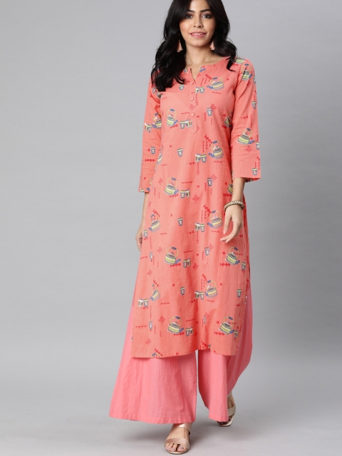 

AHIKA Women Pink & Blue Printed Straight Kurta