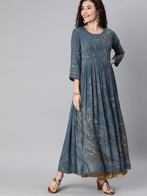 

AHIKA Women Grey Printed Anarkali Kurta with Gathered Detail