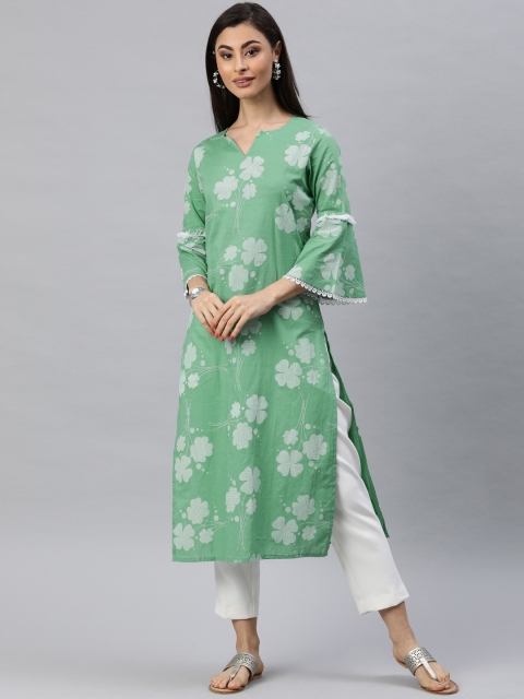 

AHIKA Women Sea Green & White Floral Printed Bell Sleeve Straight Kurta