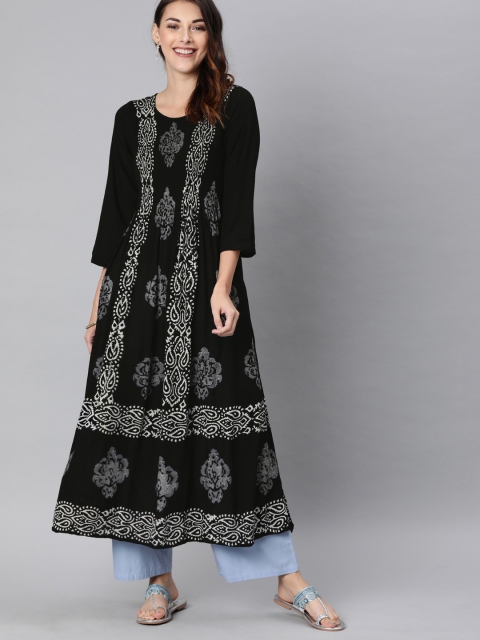 

AHIKA Women Black & Off-White Printed Anarkali Kurta
