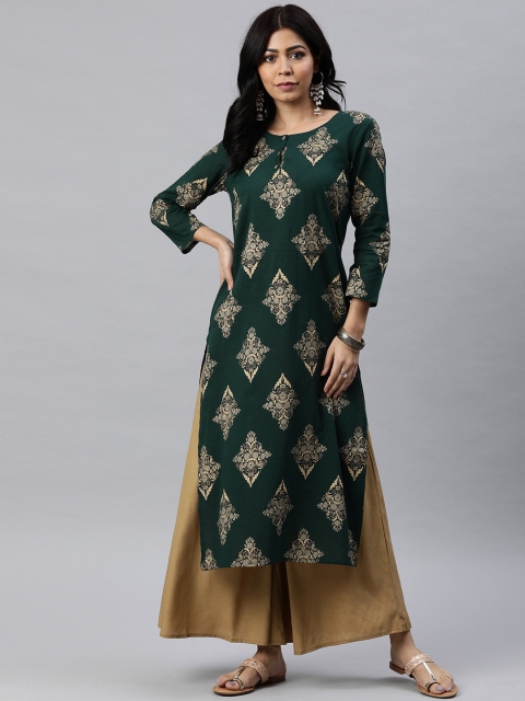 

AHIKA Women Green & Gold-Toned Printed Straight Kurta