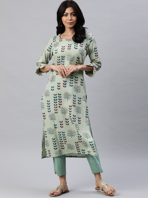 

AHIKA Women Green & Blue Printed Straight Kurta