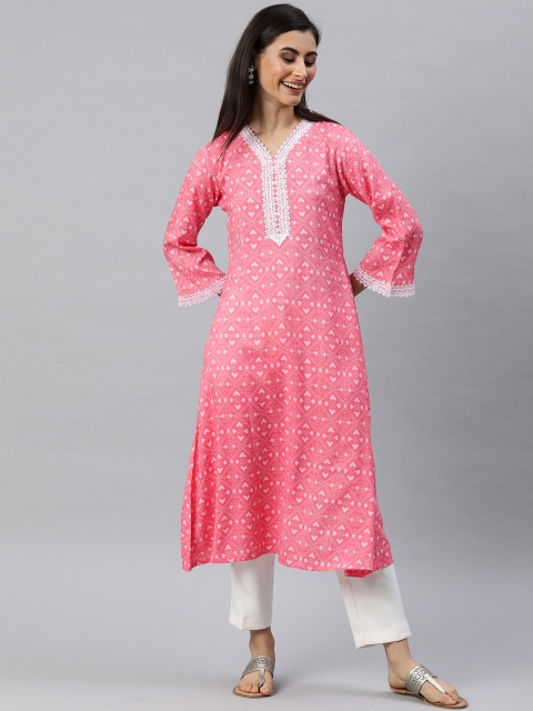 

AHIKA Women Pink & White Printed A-Line Kurta