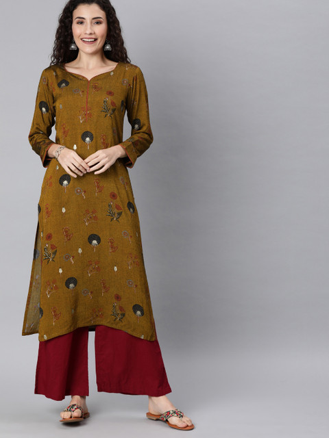 

AHIKA Women Brown & Maroon Printed Straight Kurta