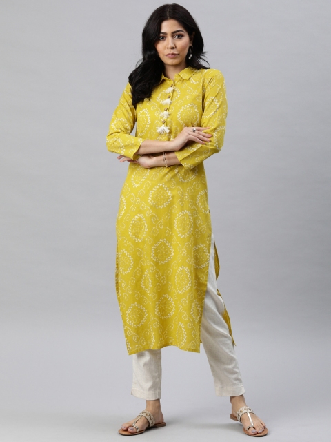 

AHIKA Women Mustard Yellow & White Bandhani Printed Straight Kurta