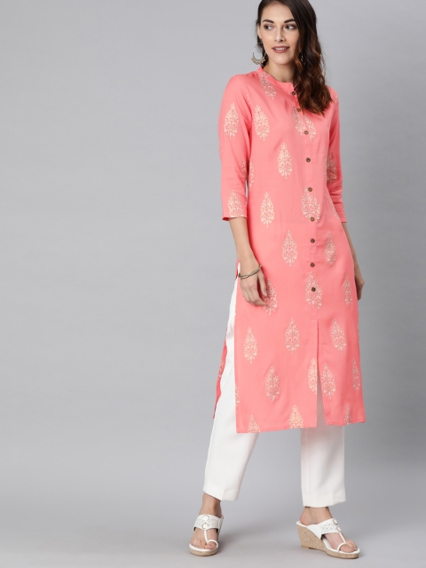 

AHIKA Women Coral Pink Printed Straight Kurta