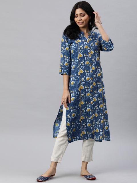 

AHIKA Women Navy Blue & Mustard Yellow Printed Straight Kurta