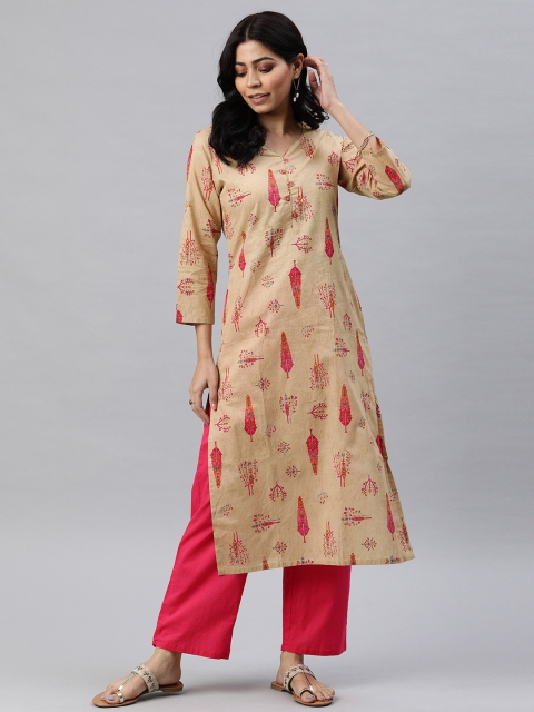 

AHIKA Women Beige & Pink Printed Straight Kurta