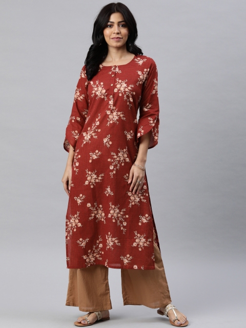 

AHIKA Women Maroon & Off-White Floral Printed Straight Kurta