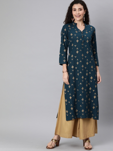 

AHIKA Women Teal Blue & Gold-Coloured Printed Straight Kurta