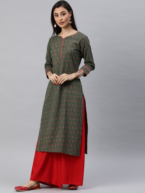 

AHIKA Women Green & Orange Printed Straight Kurta