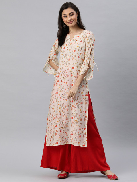 

AHIKA Women Cream-Coloured & Red Floral Printed Straight Kurta