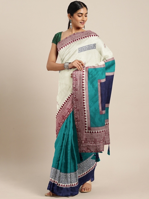 

KALINI Turquoise Blue & Off-White Silk Cotton Printed Khadi Saree