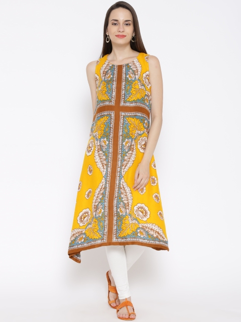 

BIBA Women Yellow Printed Asymmetrical Hem A-Line Kurta