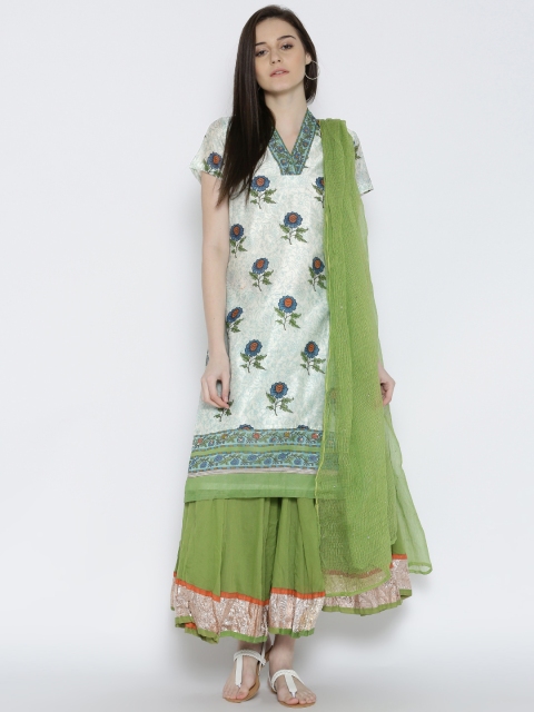 

BIBA Off-White & Green Printed Clothing Set