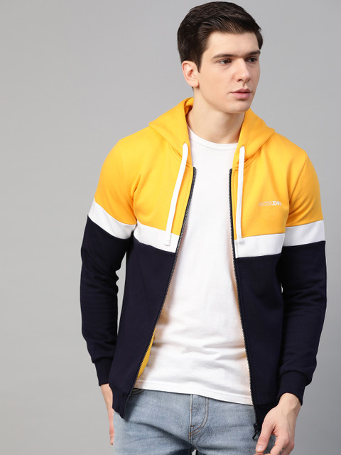 

UnderJeans by Spykar Men Yellow & Navy Blue Colourblocked Hooded Sweatshirt