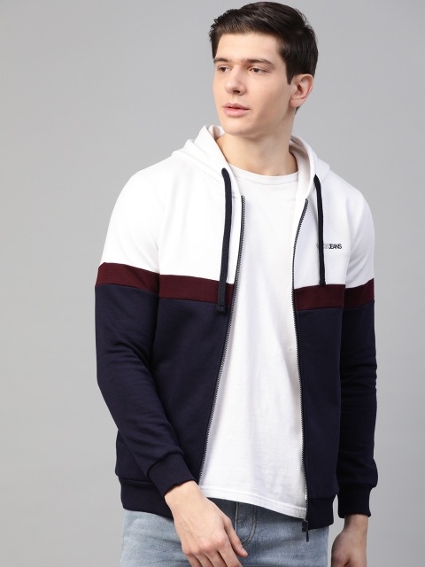 

UnderJeans by Spykar Men White & Navy Blue Colourblocked Hooded Sweatshirt