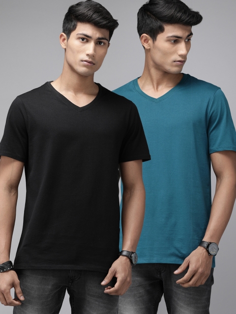 

Roadster Navy Black & Teal Blue Pack of 2 Solid Pure Cotton T-shirt