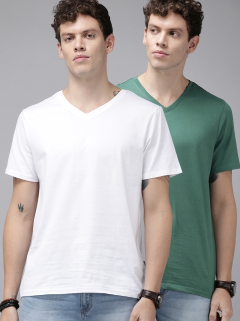 

Roadster Men Pack of 2 Solid V-Neck Cotton T-Shirts, White