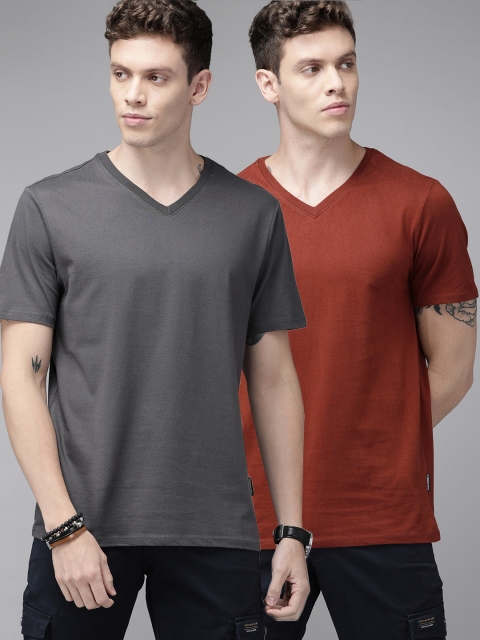 

Roadster Charcoal Grey Rust Pack of 2 Solid Pure Cotton T-shirt