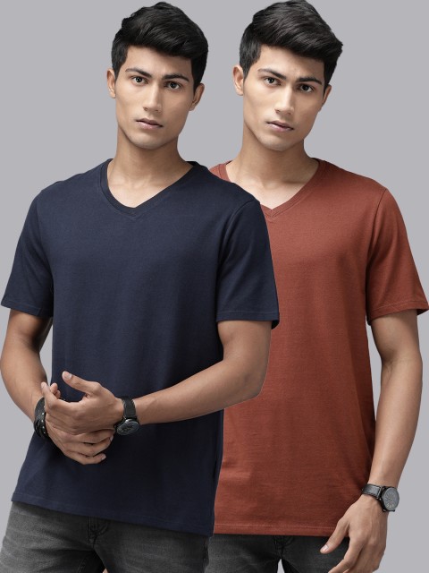 

Roadster Navy Blue & Brown Pack of 2 Solid Pure Cotton T-shirt