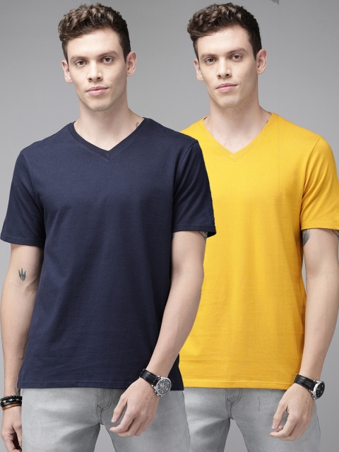 

Roadster Navy Blue Yellow Pack of 2 Solid Pure Cotton T-shirt