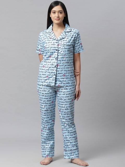 

VividArtsy Women Blue & Black Typography Print Night suit
