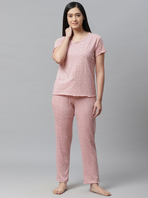 

VividArtsy Women Pink & Red Printed Night suit