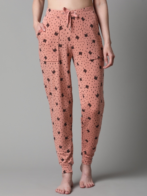 Marks & Spencer Women Peach & Black Conversational Printed Lounge Joggers
