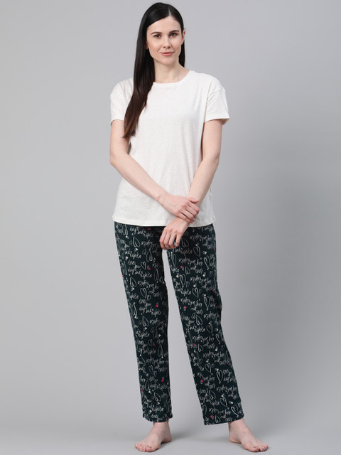 

Marks & Spencer Women Off-White & Teal Solid Night suit