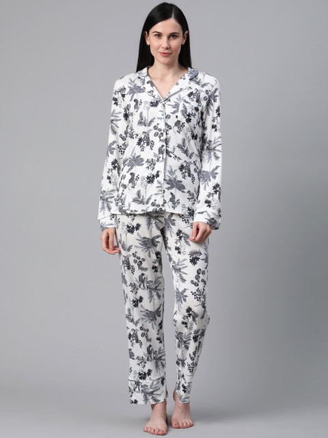 

Marks & Spencer Women White & Grey Printed Night suit