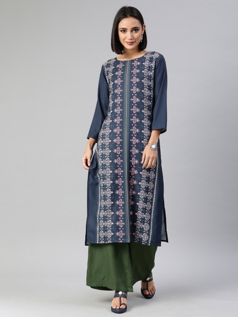 

AHIKA Women Navy Blue & White Floral Printed Straight Kurta