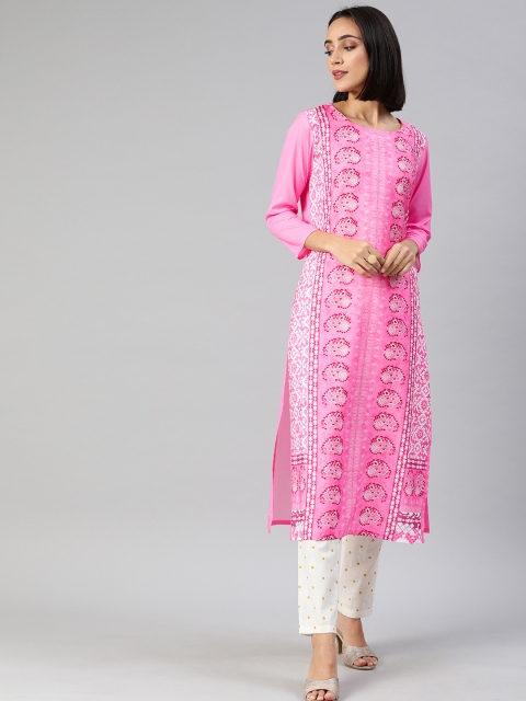 

AHIKA Women Pink & White Printed Straight Kurta