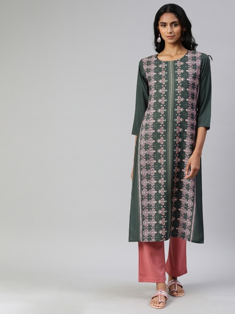 

AHIKA Women Green & White Floral Printed Straight Kurta
