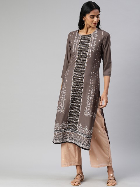 

AHIKA Women Taupe & Black Printed Straight Kurta