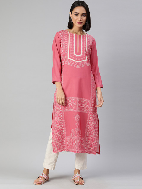 

AHIKA Women Pink & White Printed Straight Kurta