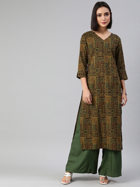 

AHIKA Women Black & Yellow Printed A-Line Kurta