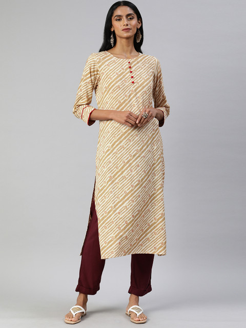 

AHIKA Women Beige & White Striped Straight Kurta