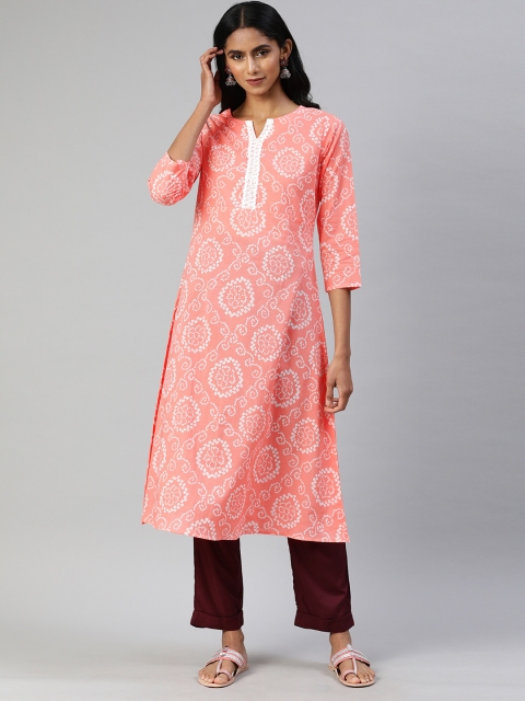 

AHIKA Women Peach-Coloured & White Printed Pure Cotton Straight Kurta