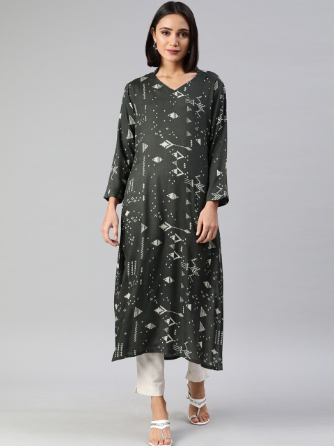 

AHIKA Women Charcoal & Off-White Printed Pure Cotton Pakistani Style Kurta