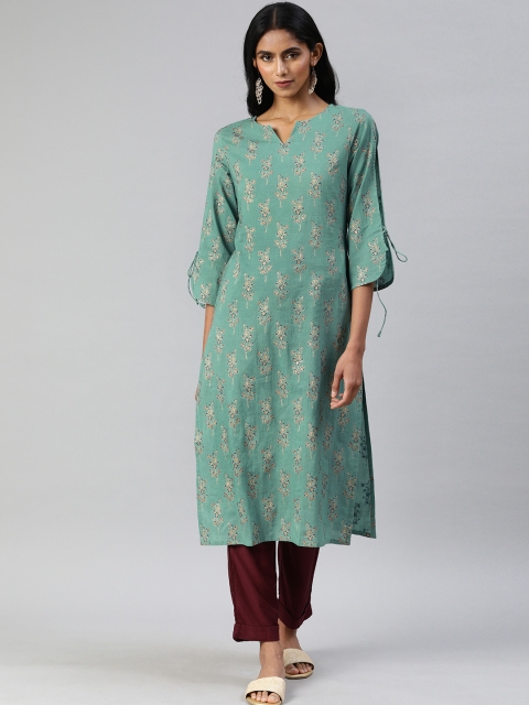 

AHIKA Women Sea Green & Beige Floral Printed Pure Cotton Pakistani Style Kurta