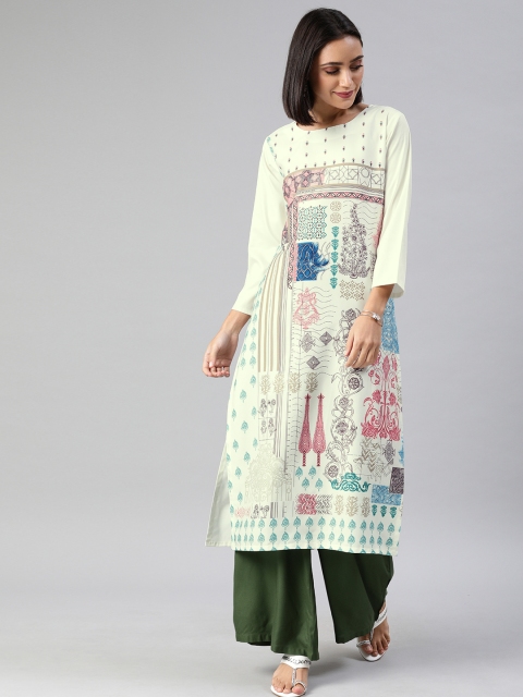 

AHIKA Women Off-White & Pink Printed A-Line Kurta