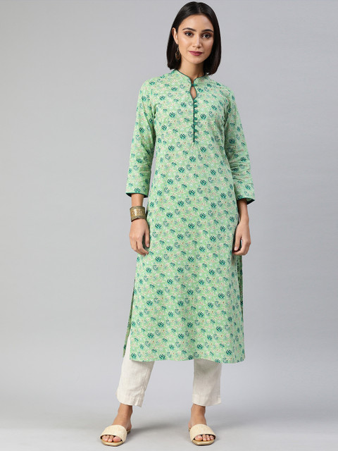

AHIKA Women Green & White Floral Printed Pure Cotton Straight Kurta
