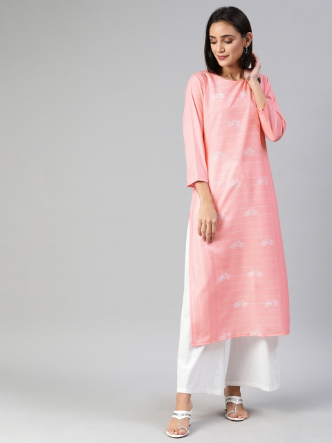 

AHIKA Women Coral Pink & White Striped Straight Kurta With Conversational Prints