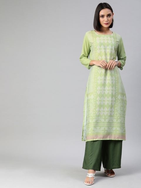 

AHIKA Women Green & White Printed Straight Kurta